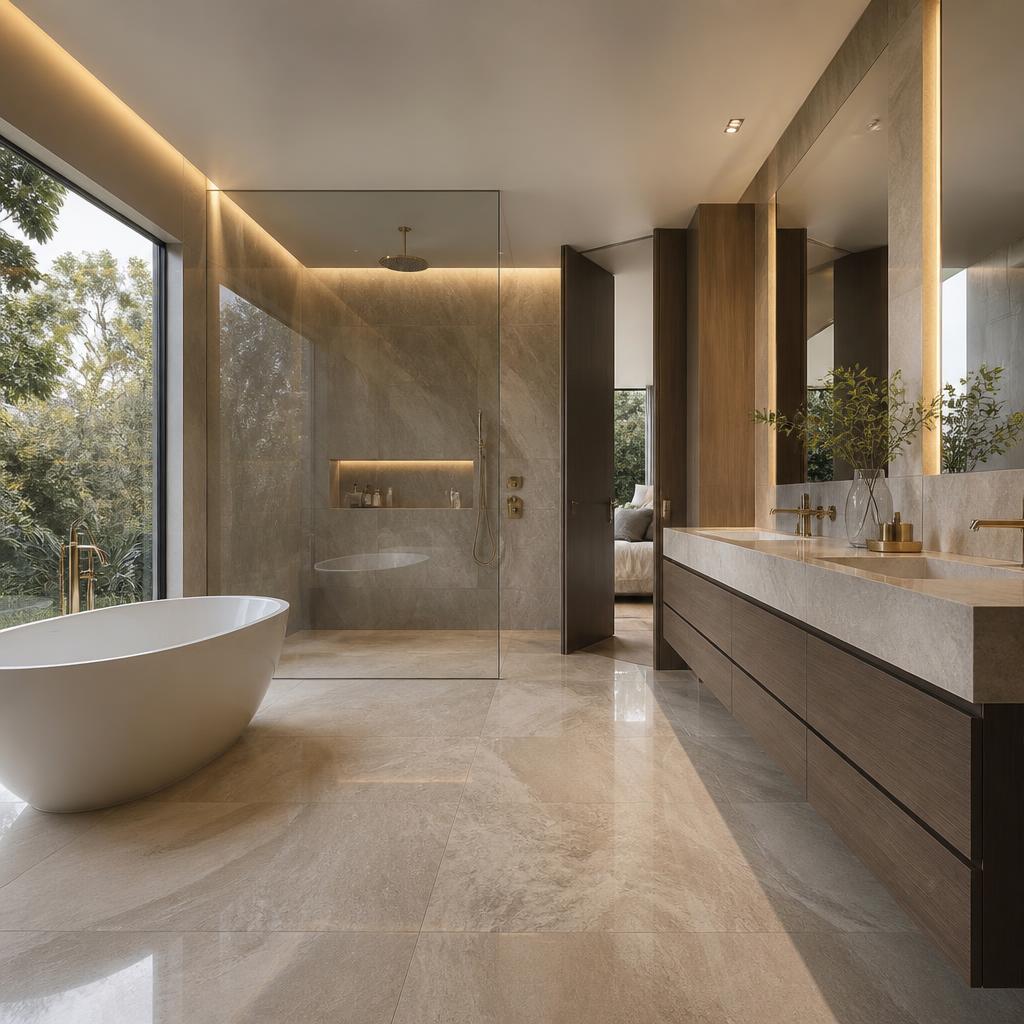 Luxe badkamer met marmeren afwerking in een villa
