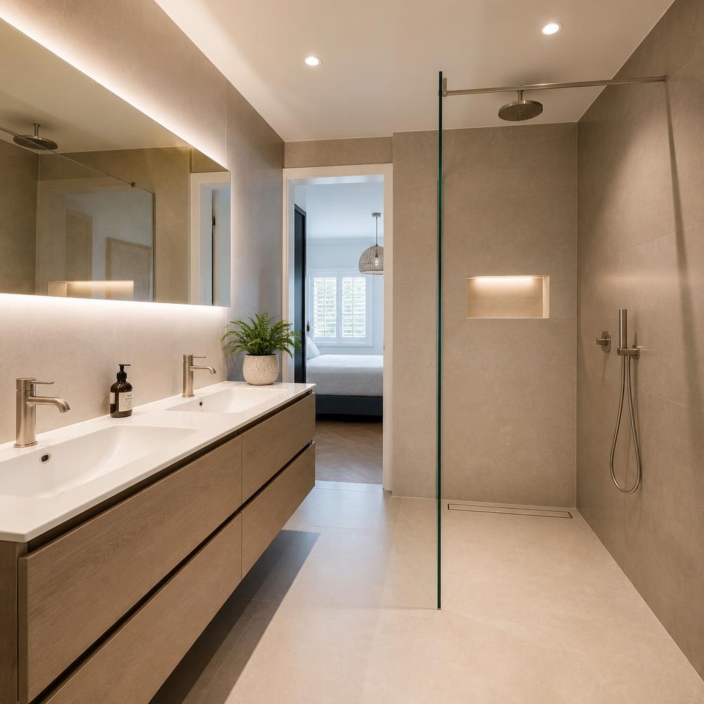 Volledig gerenoveerde moderne badkamer met inloopdouche