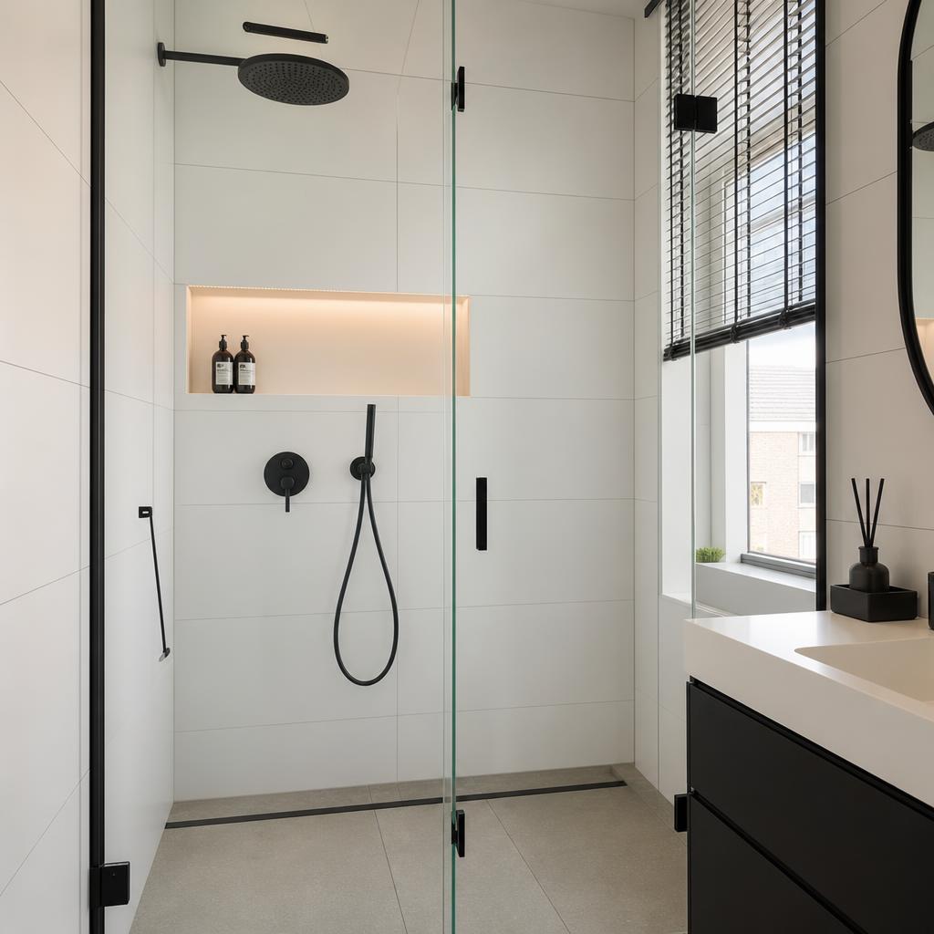 Moderne badkamer met inloopdouche en design kranen
