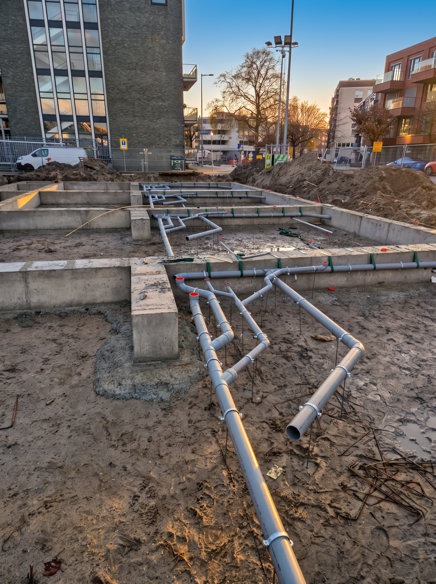 Rioleringsaanleg in de fundering van een nieuwbouwproject